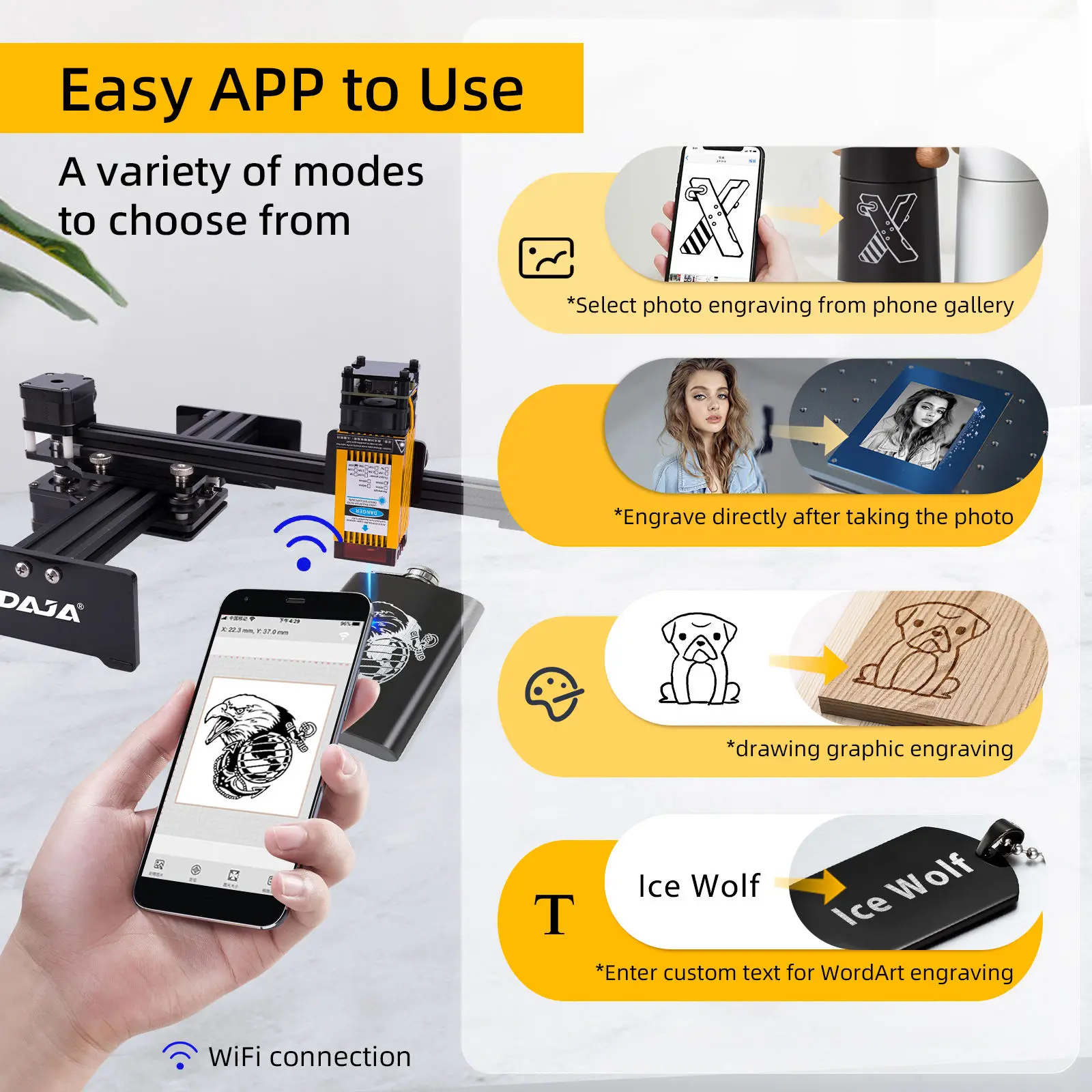 DAJA D2 Mini Laser Engraving Machine 3W/15W/20W APP Control Portable DIY Stainless Steel Wood Custom Logo DXF PLT DWG BMP