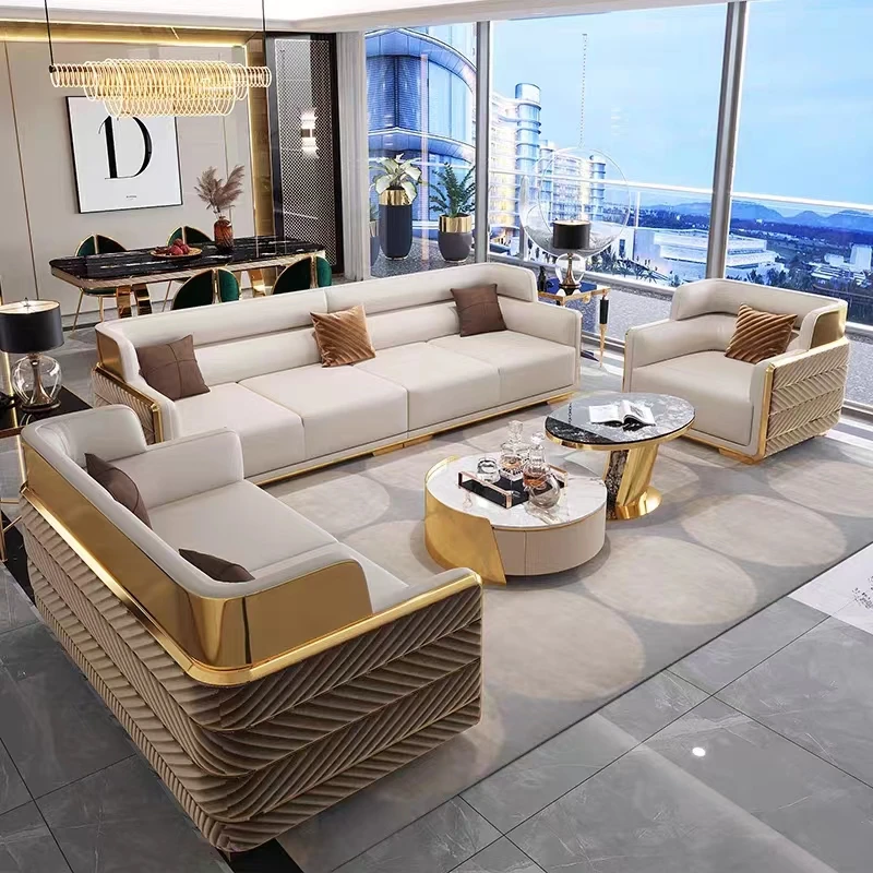 Luxury Modern Living Room Furniture Leather Stainless Steel Mirror Gold Comfortable Couch Sofa Set