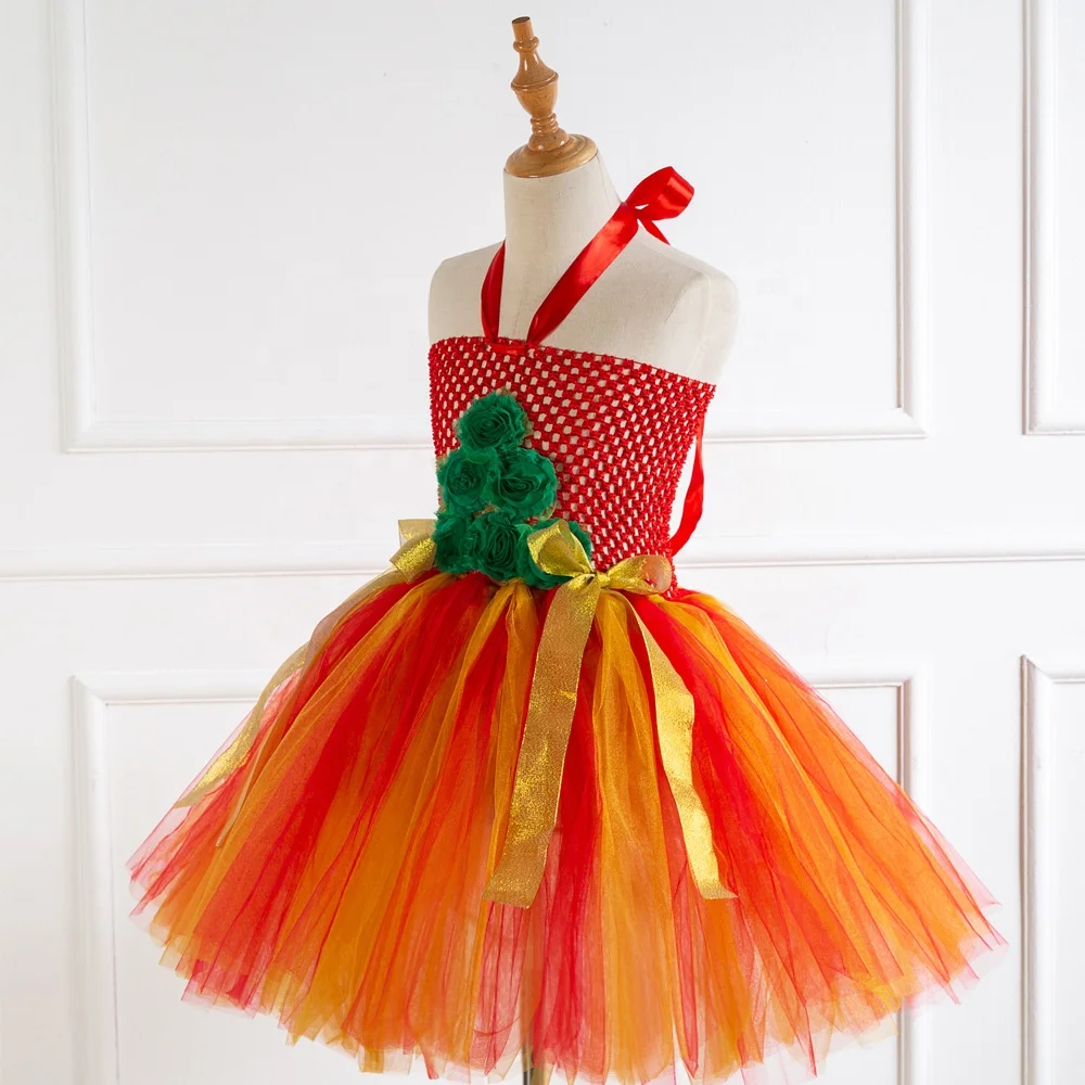 
New Design Christmas Tulle Dress Girls Orange Tutu Skirts With Free Elk Horn Headdress 