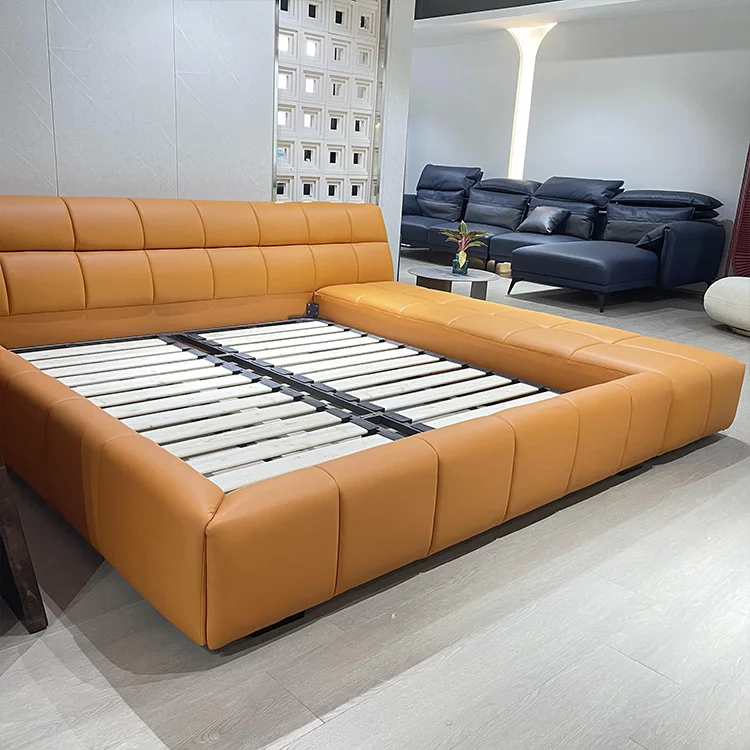 Luxury Style Double King Full Size  Bedroom Apartment Hotel Upholstery Leather Bed with Sofa Bed