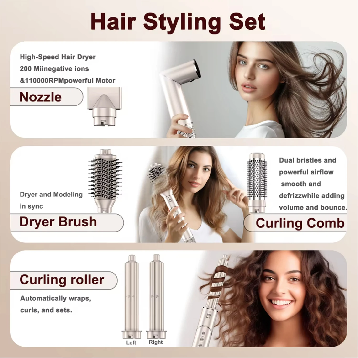 OEM 7 In 1 Multi Hair Styling Tools Hot Air Brush Wrap Styler 110000rpm Ionic Hair Dryer Curlers Straightener Brush Nozzle Set