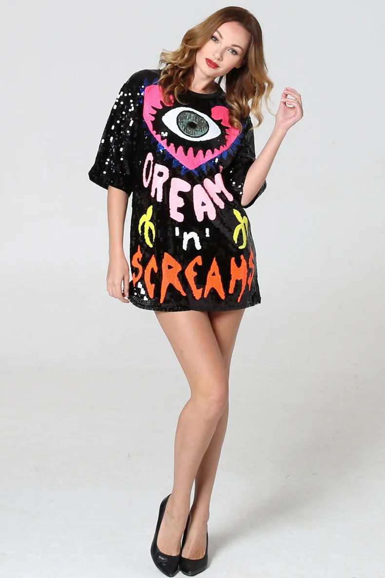 Ready TO Ship Evil Eye Jersey Sequin Dress Wholesale Ladies Shirt Shiny Woman Sequined Dresses