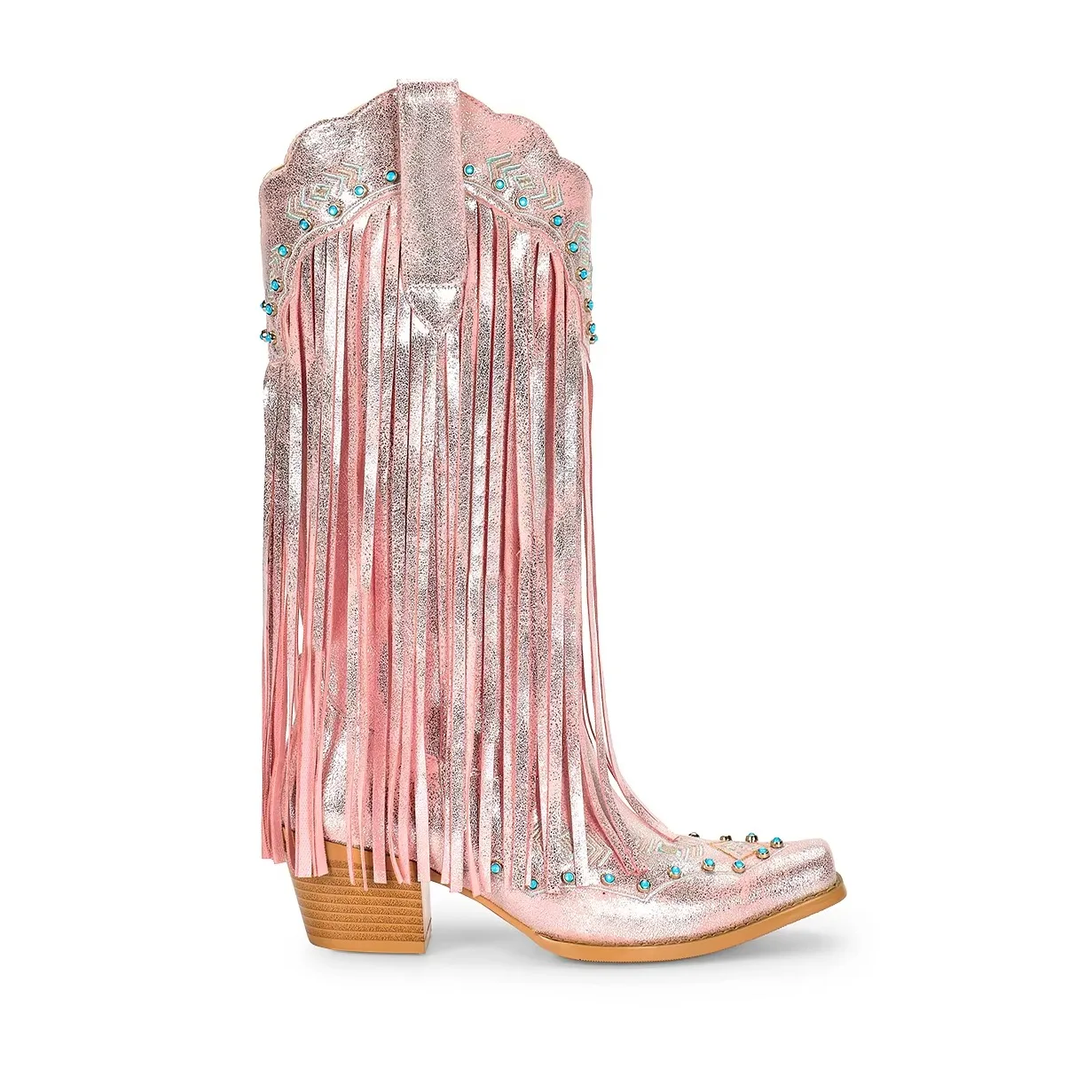 Low MOQ Blue Rhinestone Embellished Fancy Cowgirl Boots Heels Knee High Boots Metallic Pink Tassel Boots with Fringe