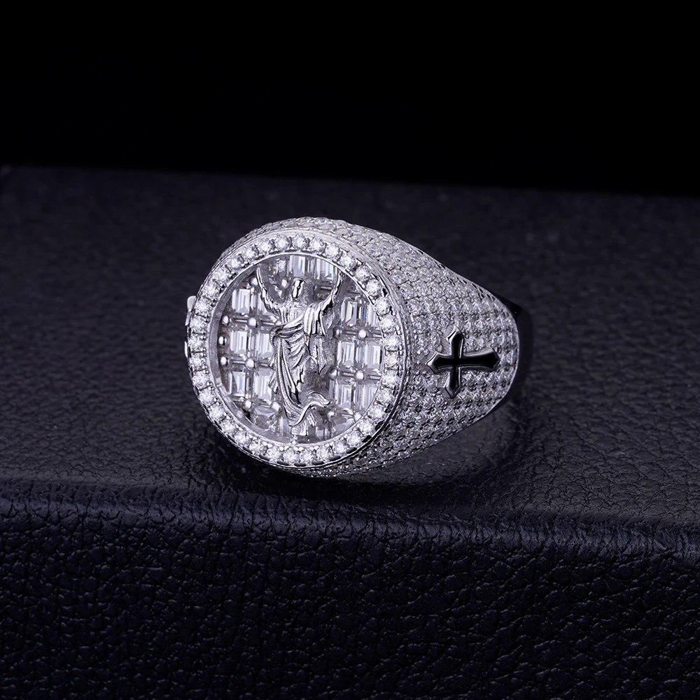 Hip Hop Ice Out Baguette 5A Cubic Zirconia Christian Religious 925 Silver Rhodium Plated Jesus Rings
