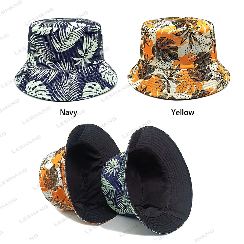 Fashion Floppy Big Brim Polyester Fishman Hats Tropical Style Custom Coconut Tree Printing Logo Reversible Bucket Hats