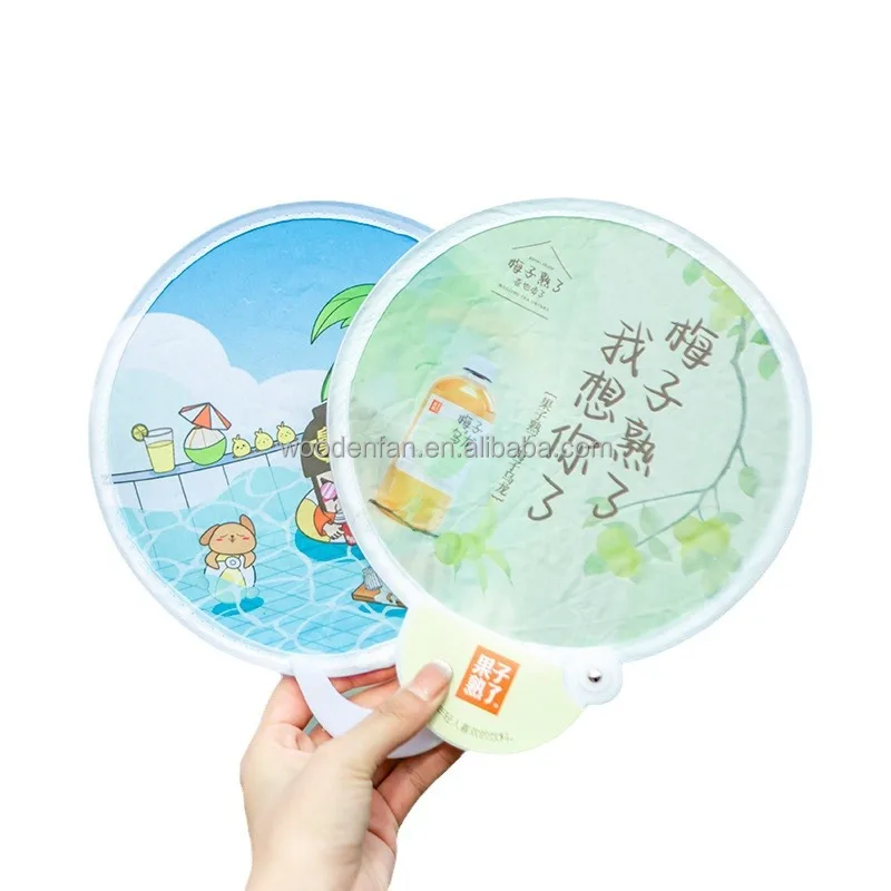 Customized Sublimation Printed Pop Up Round Hand Fan Flexible Foldable Nylon Flying Disc Fans for Summer Promotional
