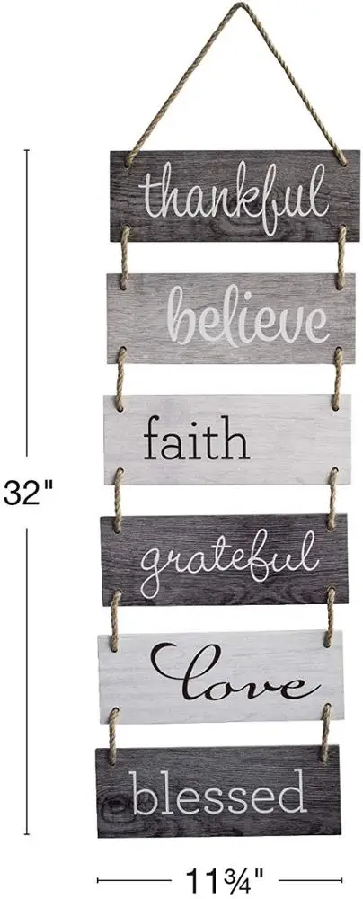 Rustic Large Hanging Wall Sign, Rustic Wooden Decor (Grateful, Love, Believe, Thankful, Faith, Blessed) Hanging Wood Plague