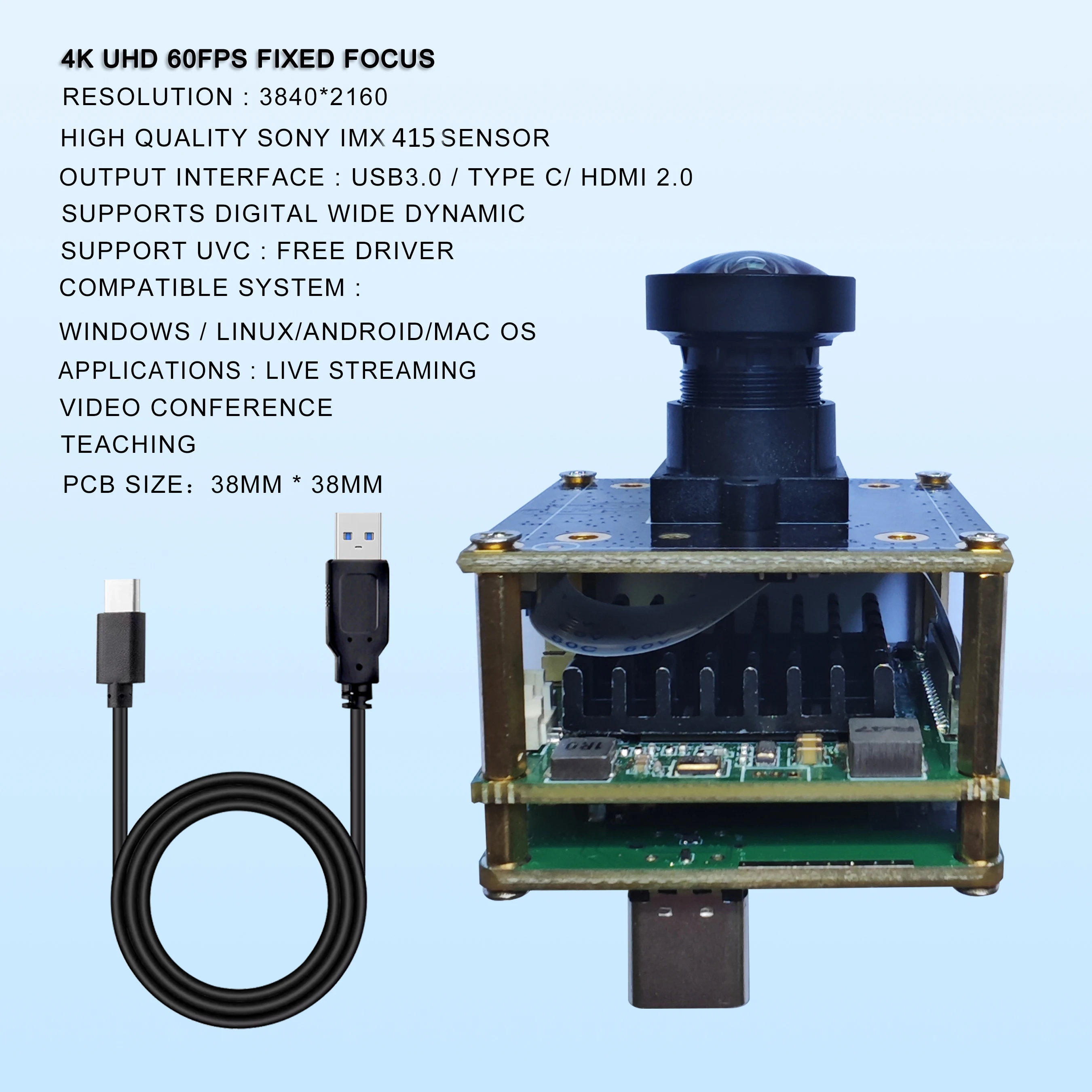 Wide Angle 8mp USB Camera 60fps Fixed focus 4K PC Camera Module with No Distortion Lens 90 Degree for Computer