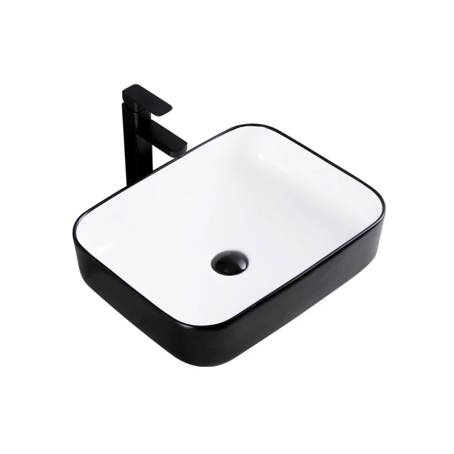 Square Bathroom Black Ceramic Round Countertop Wash Basin Bowl White Table Top Lavatory Sink
