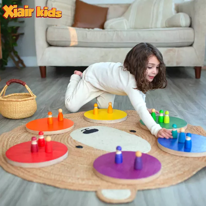 Xiair Montessori Balancing Step Stones For Kids Non-Slip Rainbow Wooden Balance Stones Set Of 6 Jumping Walk Training Toys