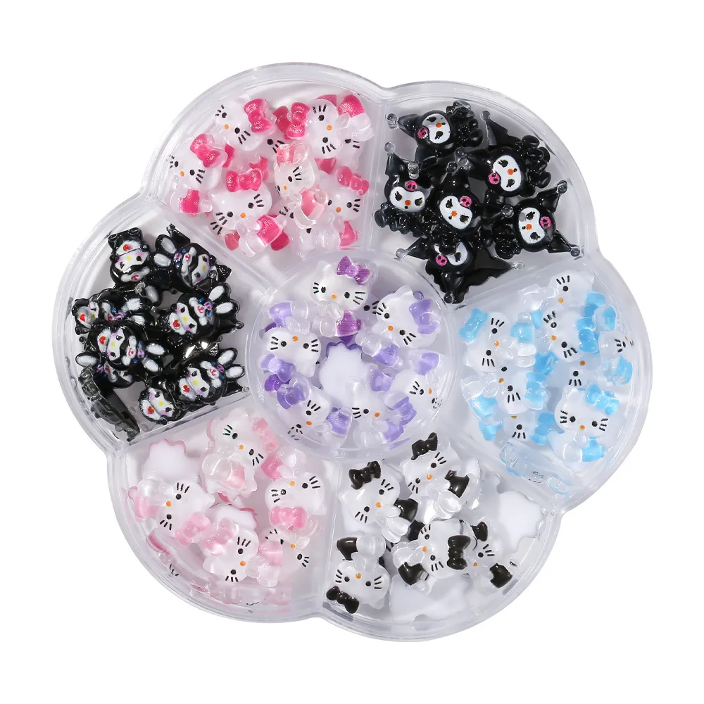Wholesale 7-grid Mixed Cartoon Nail Charms Decoration Kawaii  Kuromi Cat Head Bear Candy Cute Resin Nail Art Charms