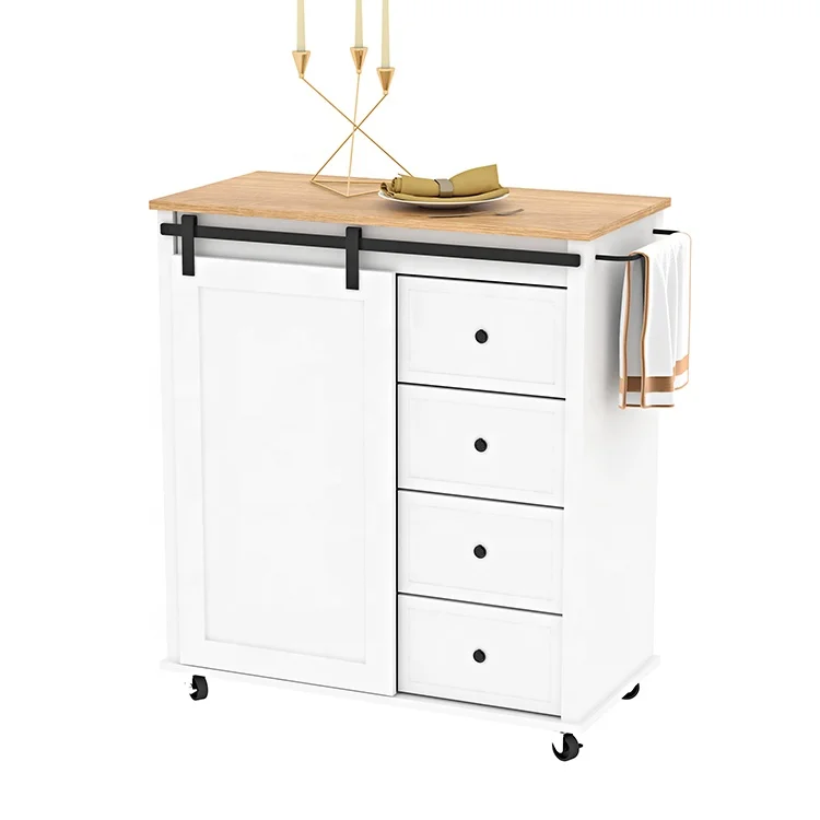 Sliding door design mobile white rubber wood rolling serving trolley kitchen island cart with drawer
