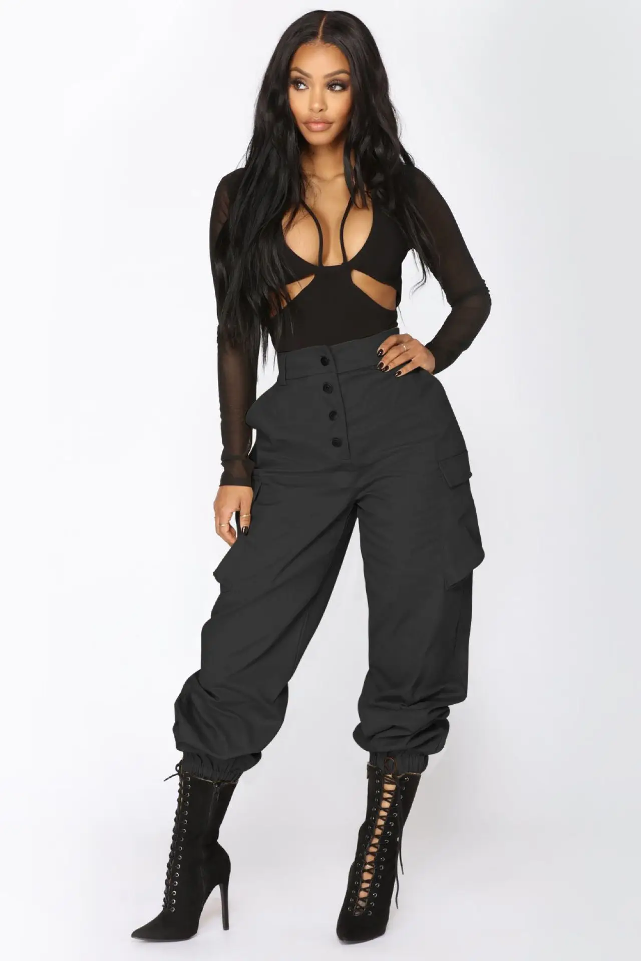 2022 custom logo dropshipping army green high waist casual cotton mix multi pocket streetwear black cargo long baggy pants women