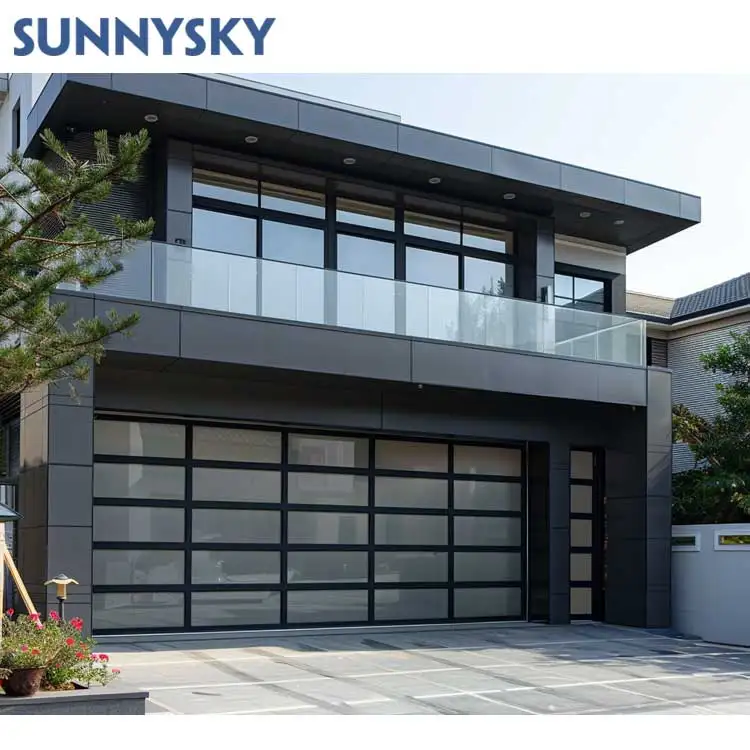 Sunnsky 16 футов прозрачная матовая алюминиевая автоматическая двойная Современная Изолированная стеклянная дверь гаража для продажи