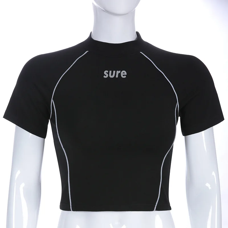 Women's T-shirt Fashion Hip-hop Reflective T-shirt Letter Printing T-shirt Outdoor Fitness Sports Black Summer Stand Woven