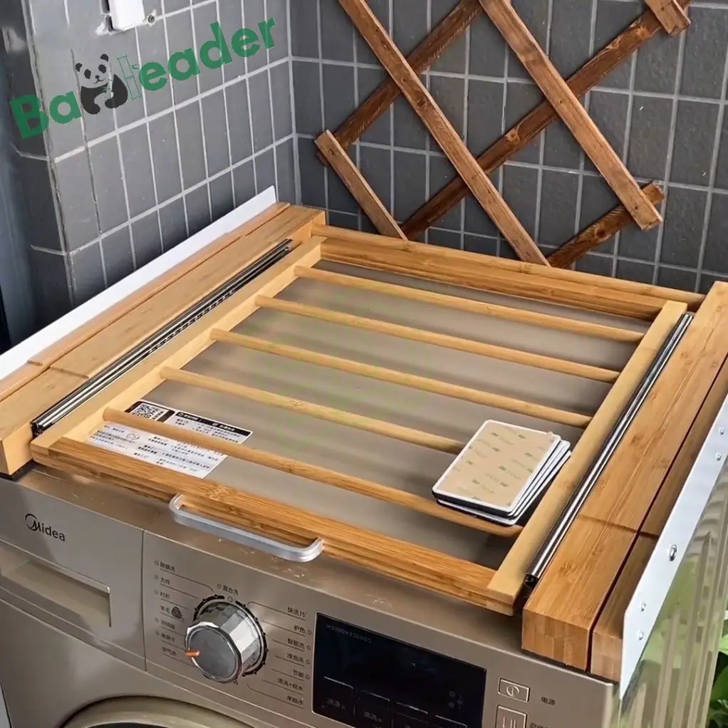 Bamboo Stacking Kit for Washing Machines and Dryers With Sliding Shelf Bamboo Washer Dryer Stacking Set Rack with Ratchet Strap