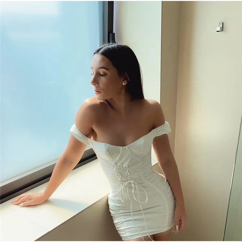 One-neck collar pleated lace-up hip pencil skirt