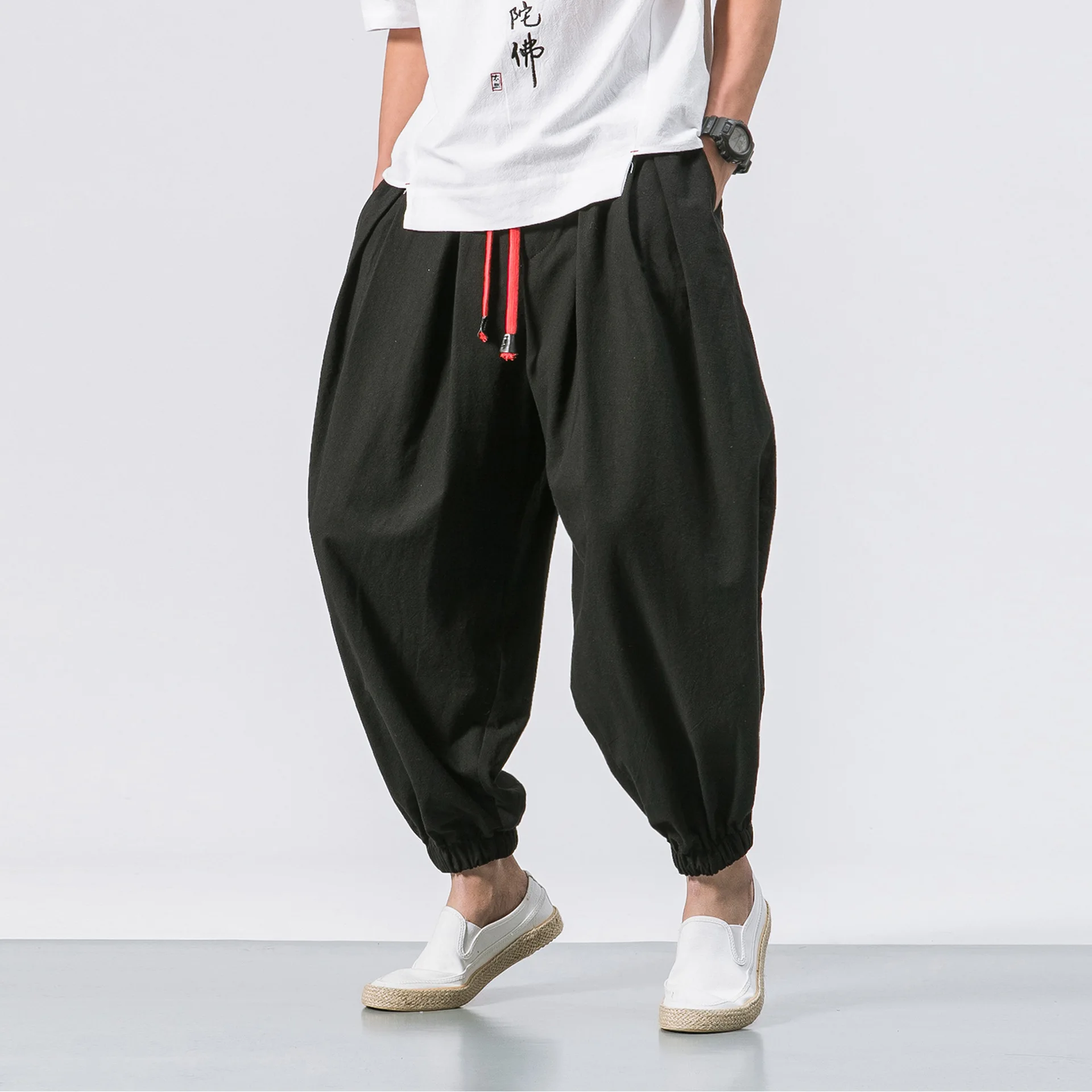 Linen Pants Man Summer Fashion Hip Hop Harem Pants Men Joggers Black Green Drawstring Elastic Waist Baggy Drop Crotch Sweatpants