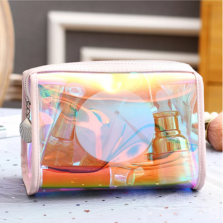 
Promotion cheap custom transparent iridescent holographic clear PVC travel make up pouch cosmetic bag 