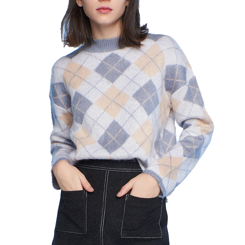 hot selling women fashion plaid knitted o neck women cashmere sweater