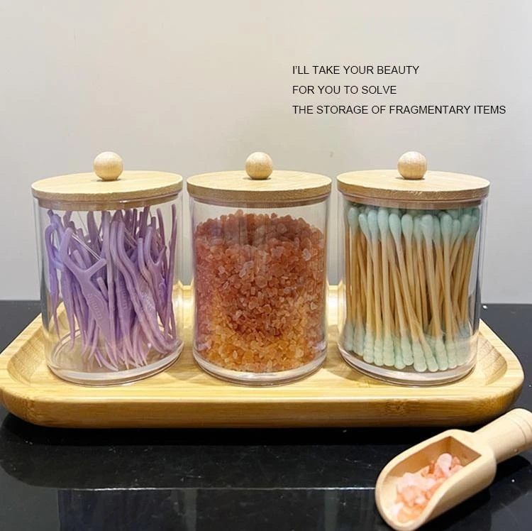 Cosmetic Organizer Acrylic Qtip Holder with Bamboo Lid Transparent Small Cotton Swab Dispenser Toothpick Storage Container
