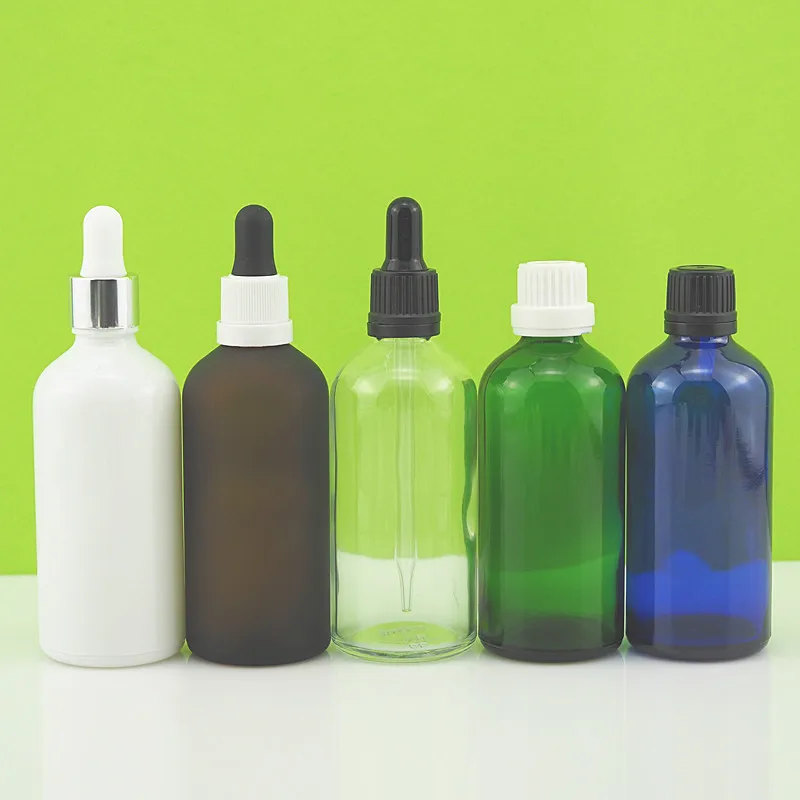 100ML boston round blue amber clear white glass bottle