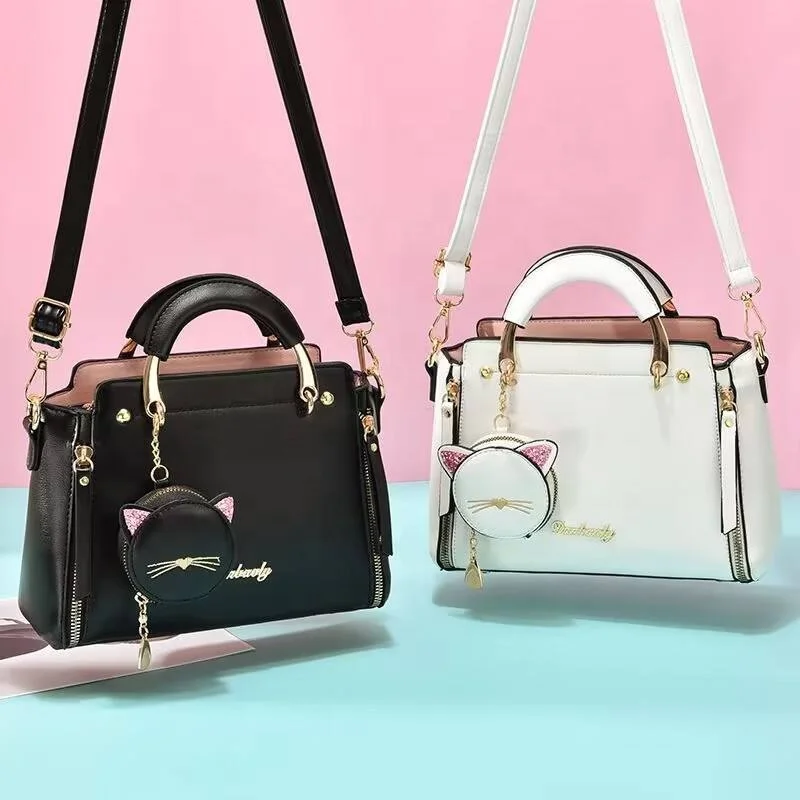 Hot Solid Colour Single Shoulder Women Bag New Tide Fashion PU Ladies Handbag Cute Crossbody Cat Pattern Bag