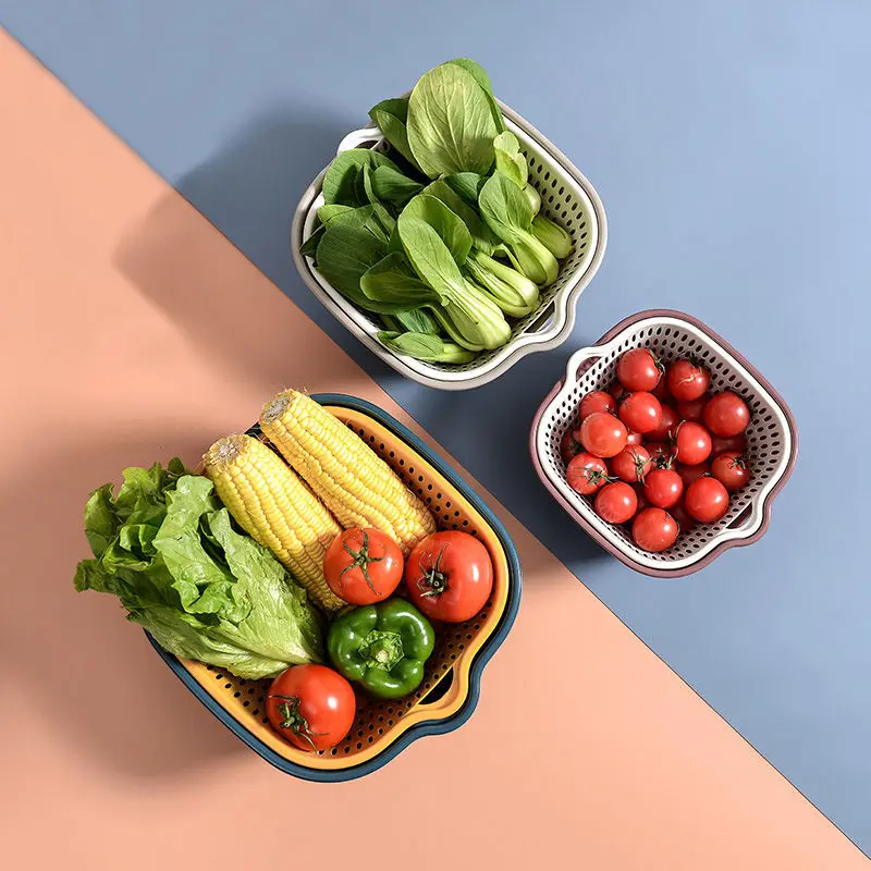 New kitchen household double-layer multi-functional fruit and vegetable filter cleaner plastic drain basket with handle