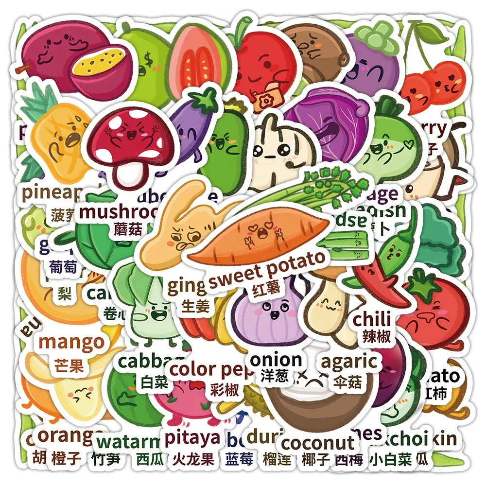 62ps English labeling of vegetables and fruits stickers waterproof notebook preschool education English letters cartoon sticker