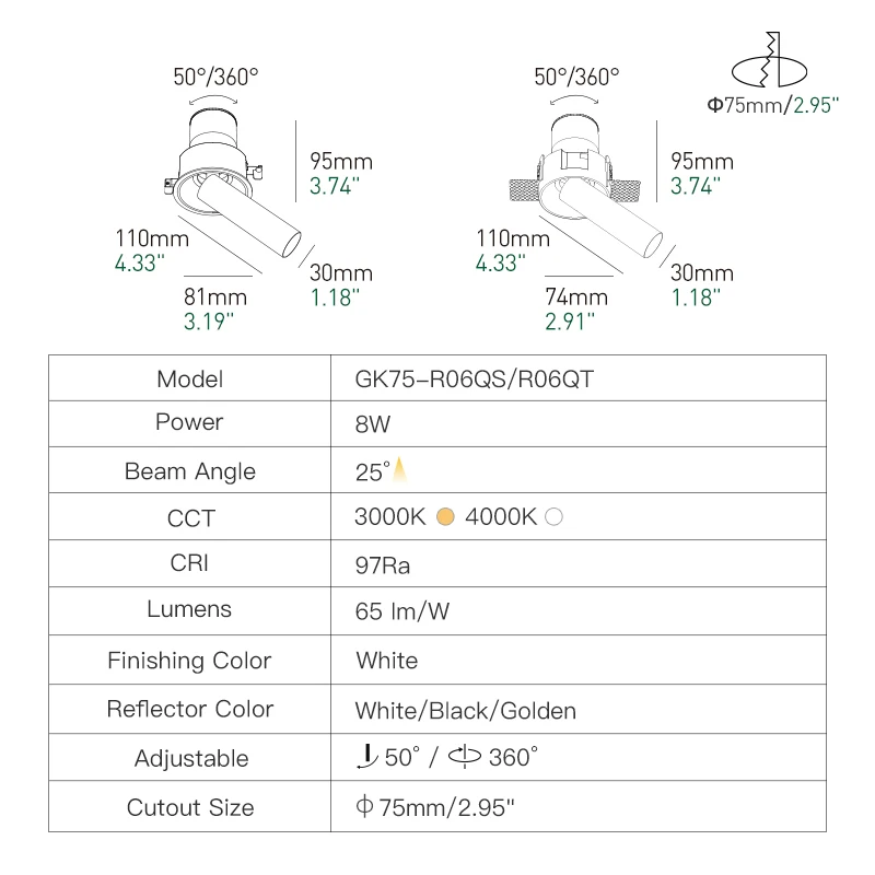XRZLux Recessed Ceiling COB Downlight 8W Aluminum Anti-glare Dimmable LED Spotlight Stretchable Adjustable ETL Spot Light