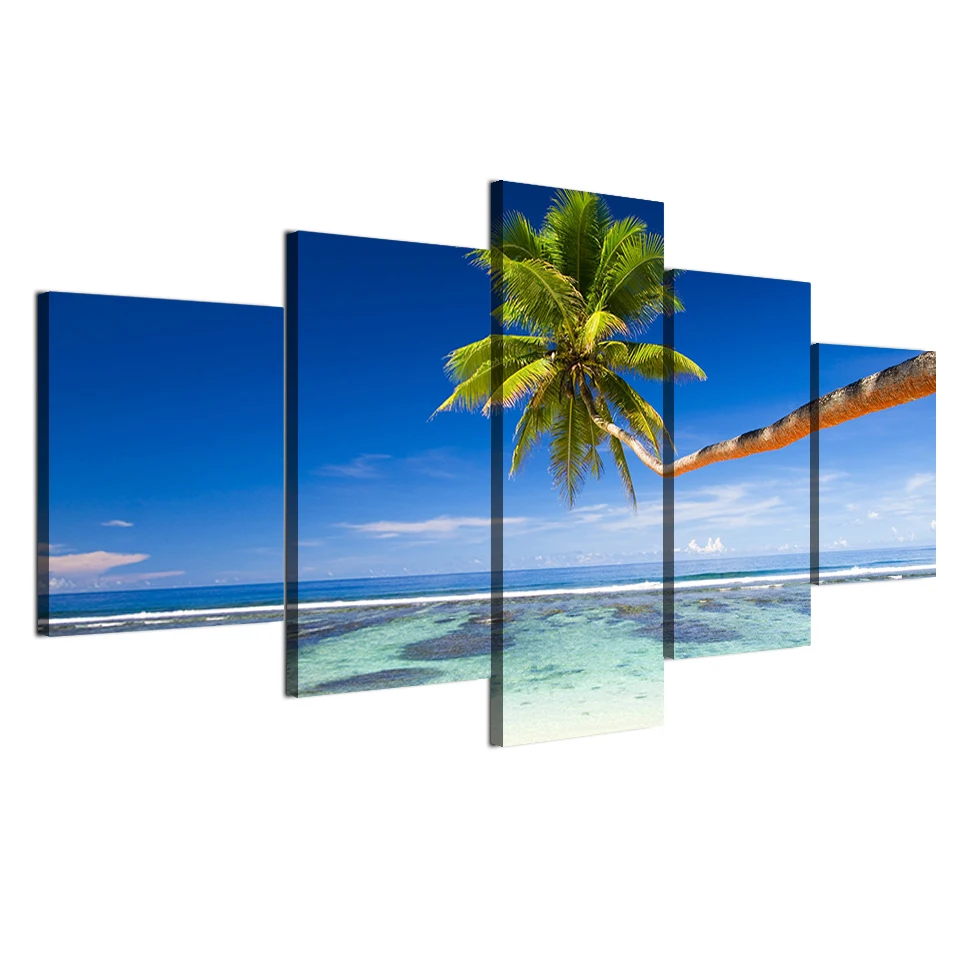 Decor Posters HD Printed Painting 5 Panel Sunshine Blue Sky Coast Seascape Modern Wall Art Pictures Home Living Room