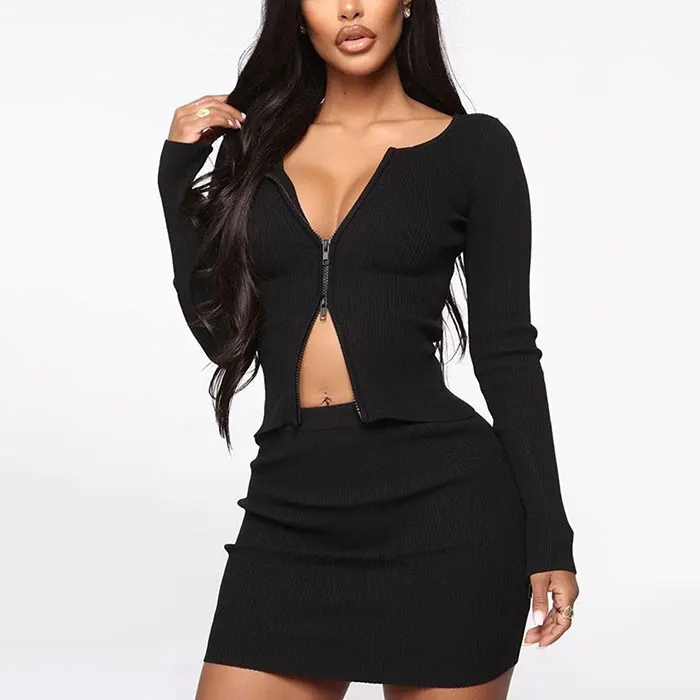 New Summer Solid White High Street Two Piece Sets Women Long Sleeve Zipper Top and Mini Short Skirt Matching Sets