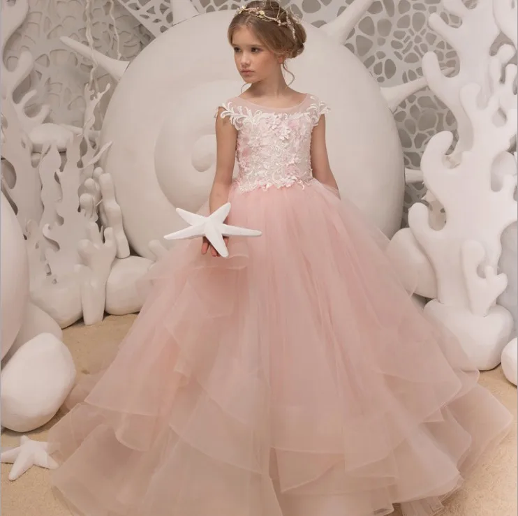 High Quality Pink Little Girls Dresses Lace Appliqued Top Tulle Flower Girls Dresses Gowns For wedding birthday age 2-13