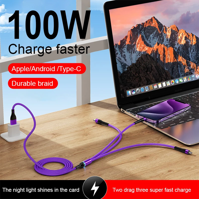 High Quality Nylon Braided 66W 100W 3 in 1 Charging Data Cable Micro USB Type C 5A Fast Charging Cable For Cell Phones