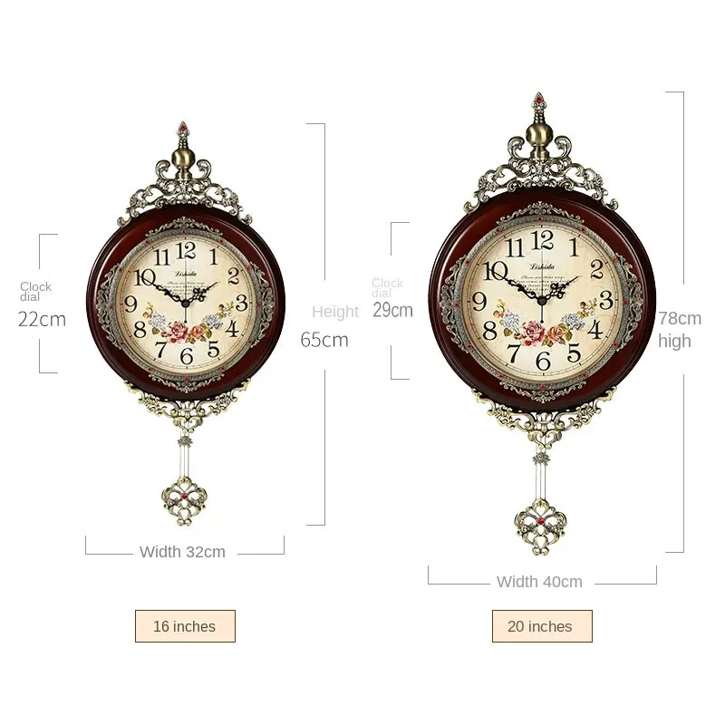 14 inch round solid wood wall decoration European home custom quartz lock home antique wood digital silent wall clock