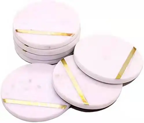 customized round Marble coasters with Gold Inlay and holder