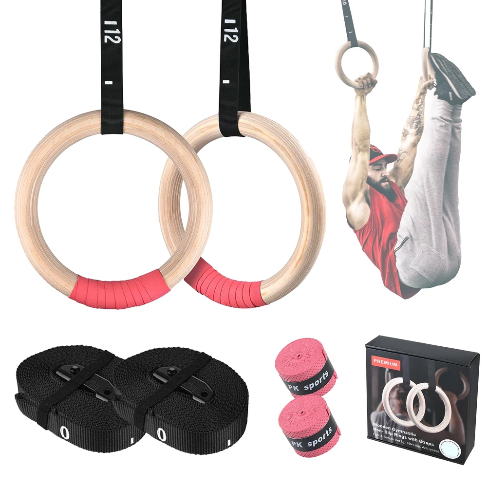 Premium home set up cross trainer exercise power training carabiner adjustable wooden gymnastic rings with numbered straps