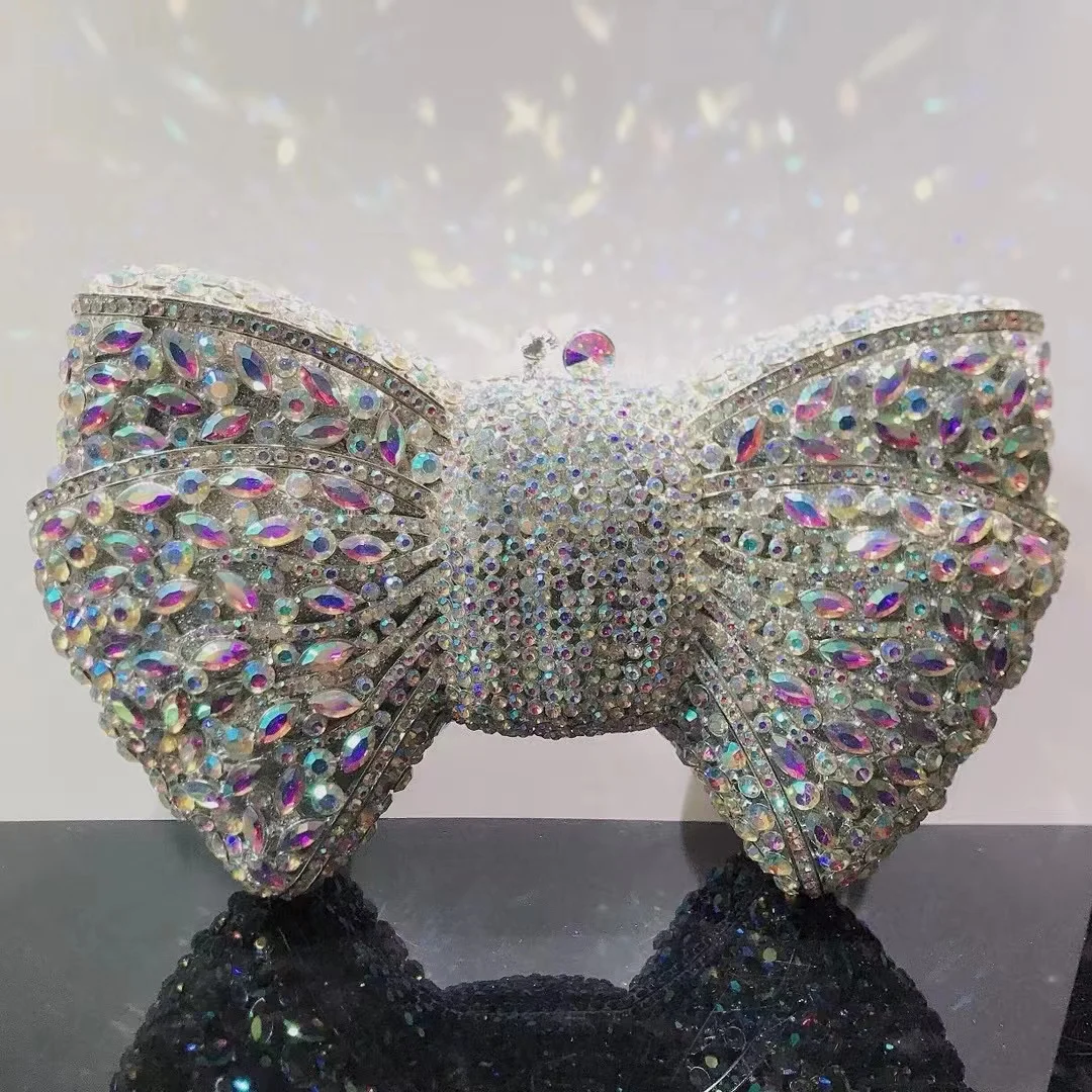 JANHE 2023 New Arrivals Luxury Cute Metallic Handbags Crystal Purse Rhinestone Clutch Bag Evening Bags Bow Diamonds Clutches
