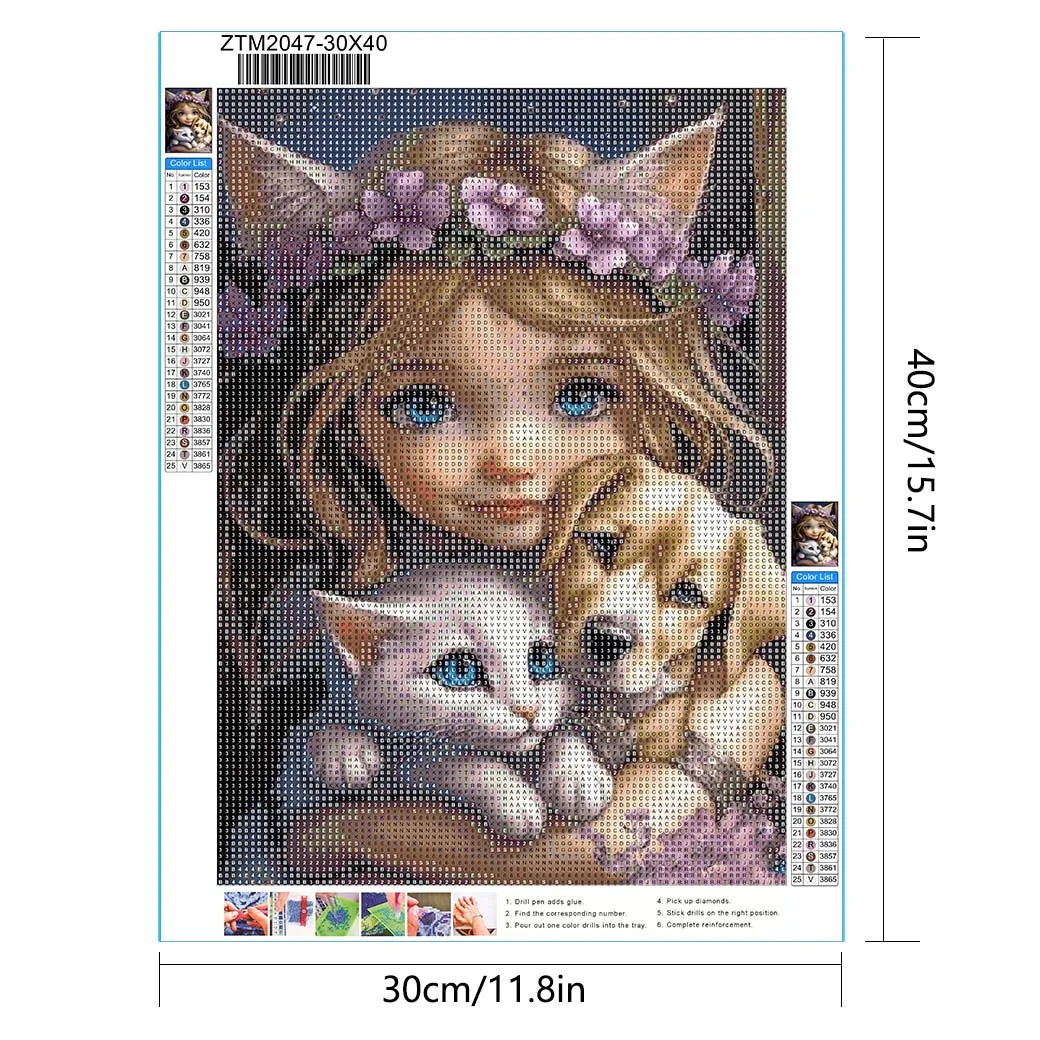 Animal Cat Dog Little Girl Draw Full Diamond Cross Embroidery Diamond Kit DIY Adult Diamond Painter Home Wall Decoration Gift