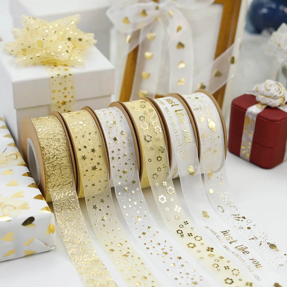 Factory wholesale sheer ribbons 3d gold foiled print embroidered custom logo lace printed organza ribbon roll