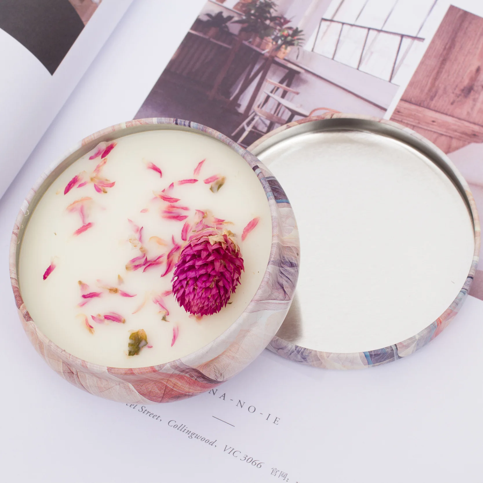 Лидер продаж, плоская банка розового цвета 9*3,5 см, пчелиный воск, цитрусовые сушеные цветы, Подарочная коробка, ароматические свечи оптом