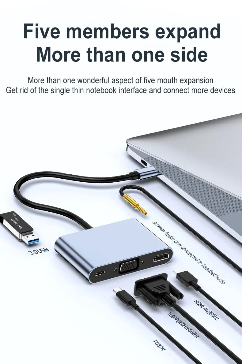 SOYEER 5 в 1 концентратор USB HD + VGA AV USB3.0 PD Видео Аудио преобразователь для Mac Win 7/8/10 PC TV проектор
