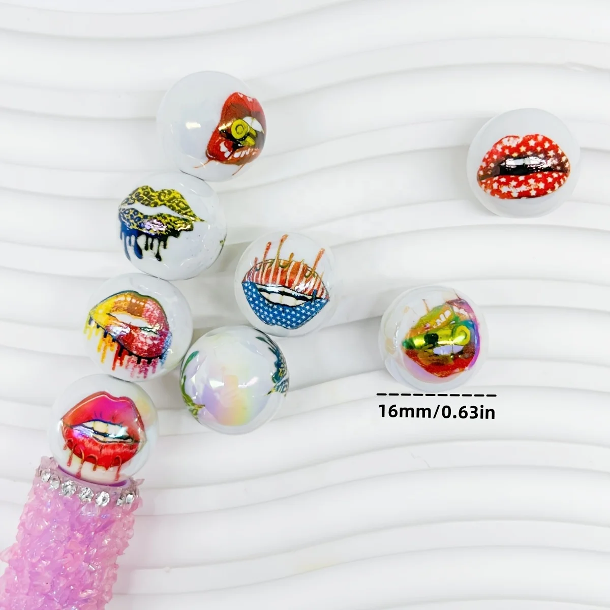 Wholesale16mm Chunky Acrylic Beads Mix Necklaces for Pen Jewelry Making Color Printed Lips Acrylic Plastic Lucite Round Beads