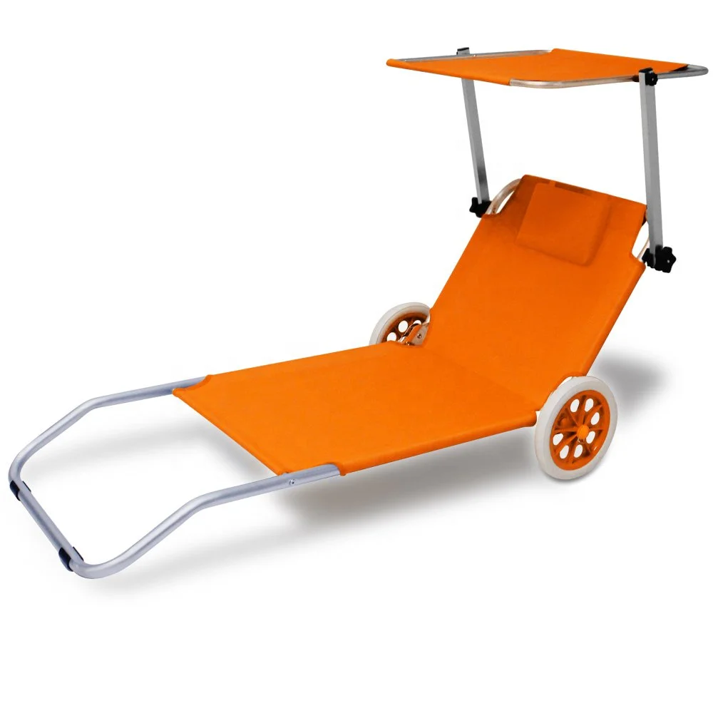 Outdoor camping aluminum lounge summer vacation Folding convenient Beach Chair with wheel canopy 600D oxford bed