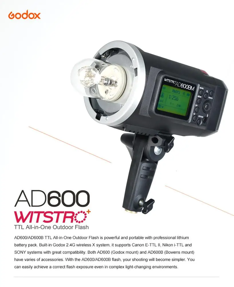 Godox AD600BM Bowens Mount 600Ws GN87 High Speed Sync Outdoor Flash Strobe Light with 2.4G Wireless X System, 8700mAh Battery