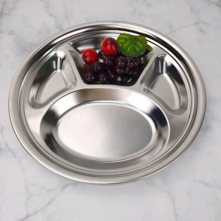 
Stainless Steel 4 Sections Round Divided Plate Dish Snack Dinner Tray Lunch 