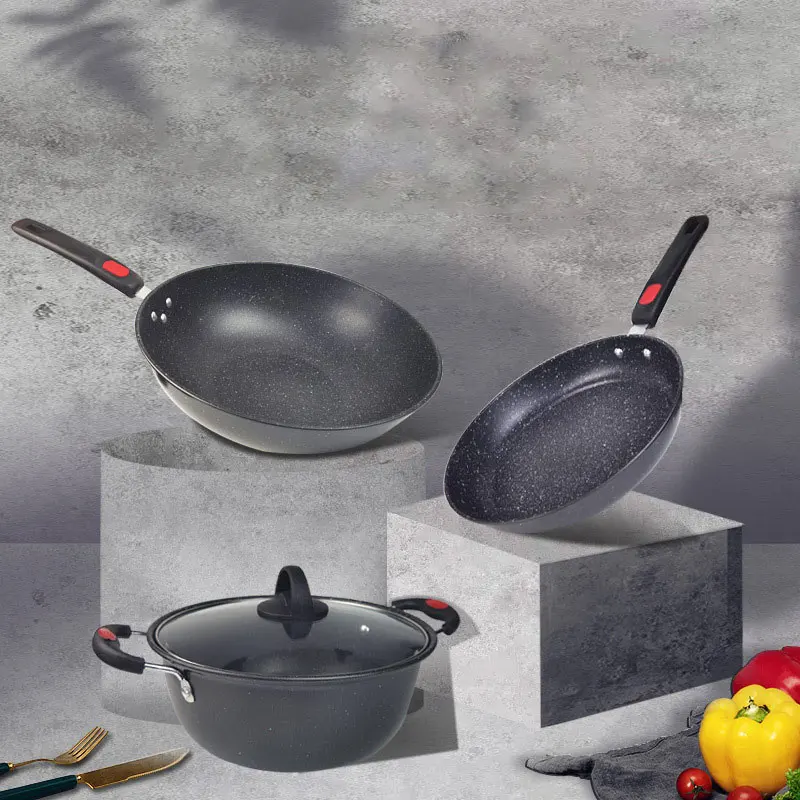 Kitchen cooking medical stone non-stick 304 stainless steel wok frying pan stock pot cookware 3 piece set kitchenware set