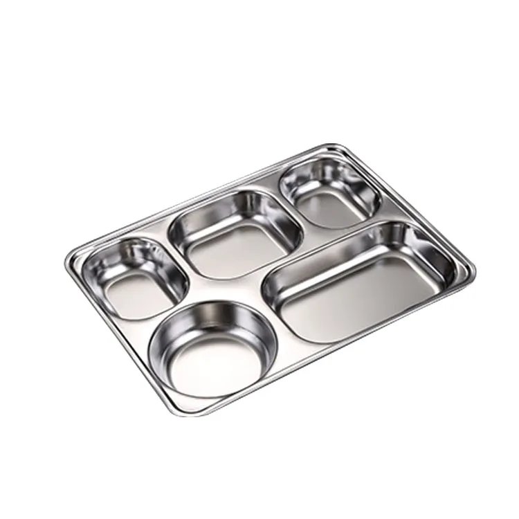 Durable Plate For Outdoor Camping Dinning Room Picnic Barbecue School Rectangular Divided Tray 304 Stainless Steel Dinner Plate