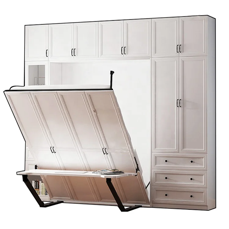 
Home furniture queen size bookshelf metal frame fold up double mounted wall bed mechanism with desk 