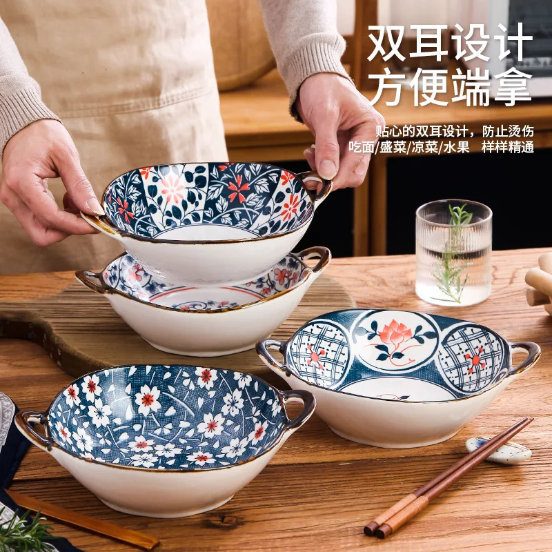 Japanese Style irregular flower new design ceramic soup bowl with two ears Salad Bowl with household handle